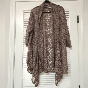 Double Take - (Plus-Size) Brown Long Lace 3/4 Sleeve Open Cardigan